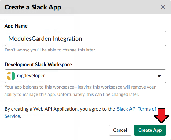 Support Tickets Allocator For WHMCS: Slack Create a Slack App dialog with app name, workspace and Create App button