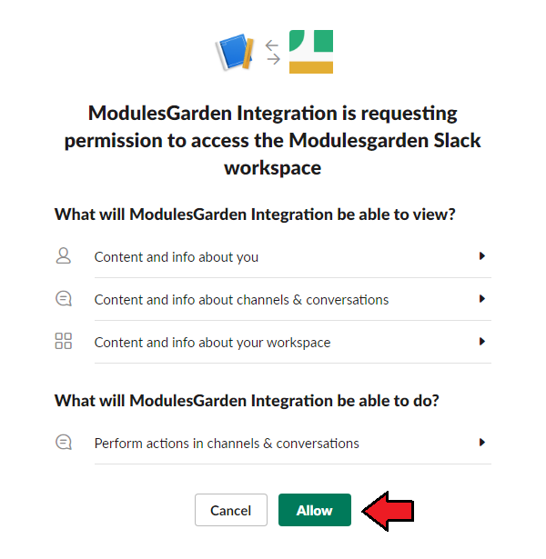 Support Tickets Allocator For WHMCS: Slack permission request dialog for the app with the Allow button highlighted