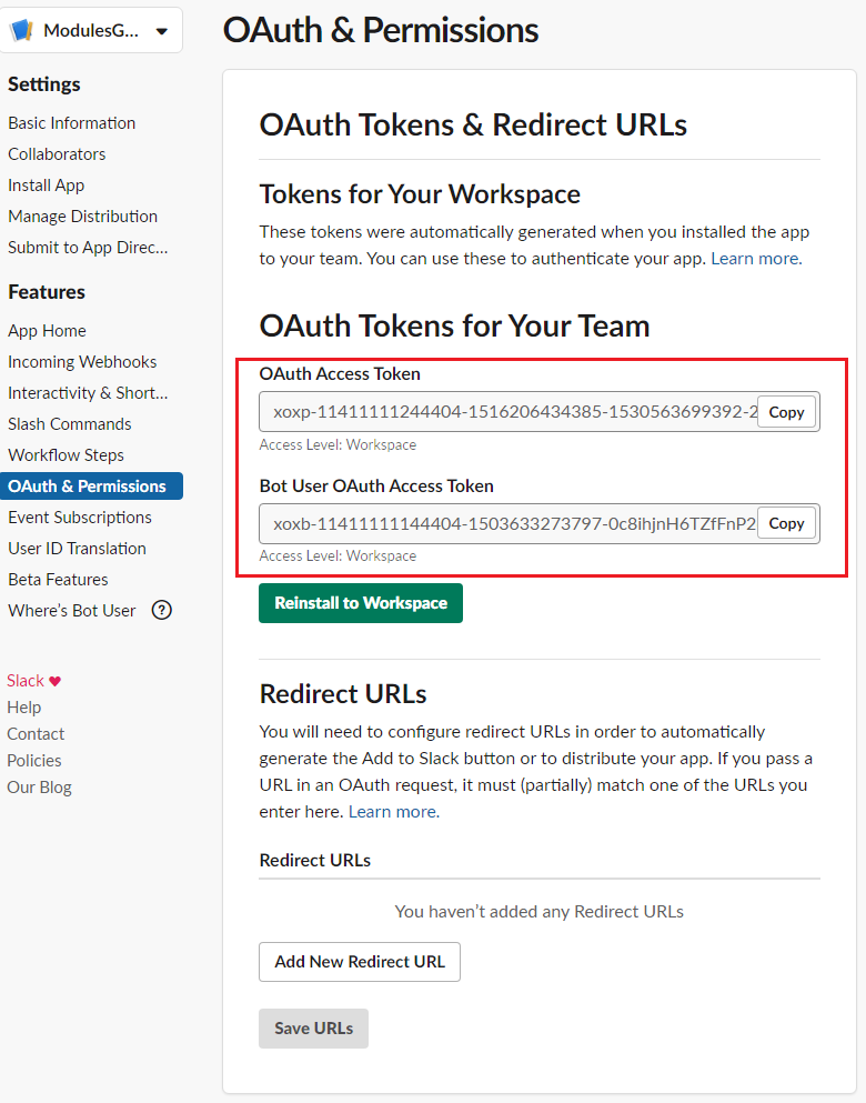Support Tickets Allocator For WHMCS: Slack OAuth page with the OAuth Access Token and Bot User token highlighted