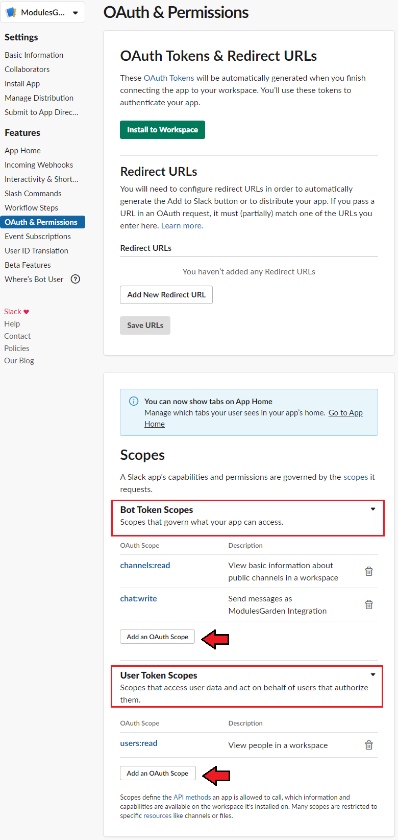 Support Tickets Allocator For WHMCS: Slack OAuth and Permissions with bot scopes and the users:read user scope