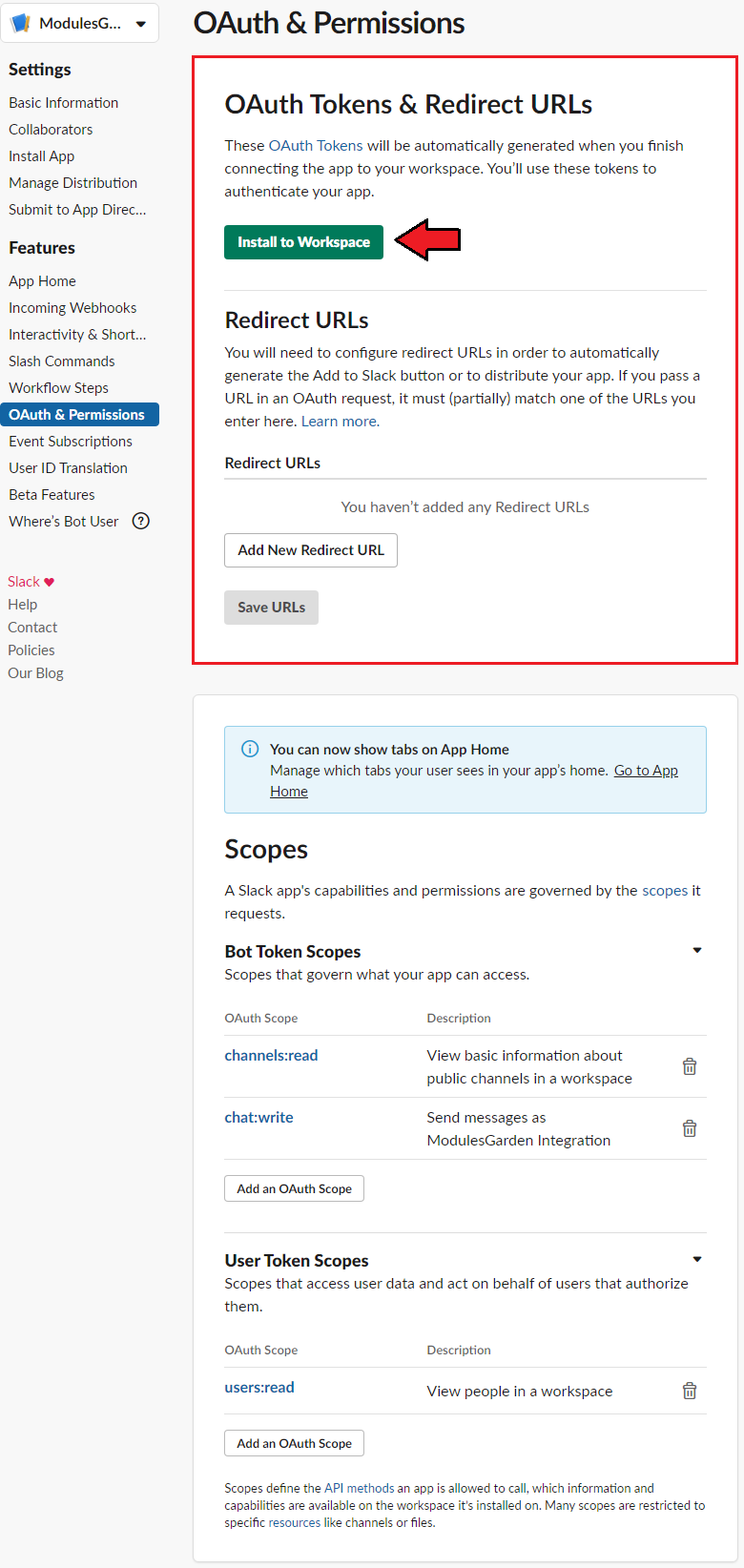 Support Tickets Allocator For WHMCS: Slack OAuth and Permissions page with the Install to Workspace button highlighted