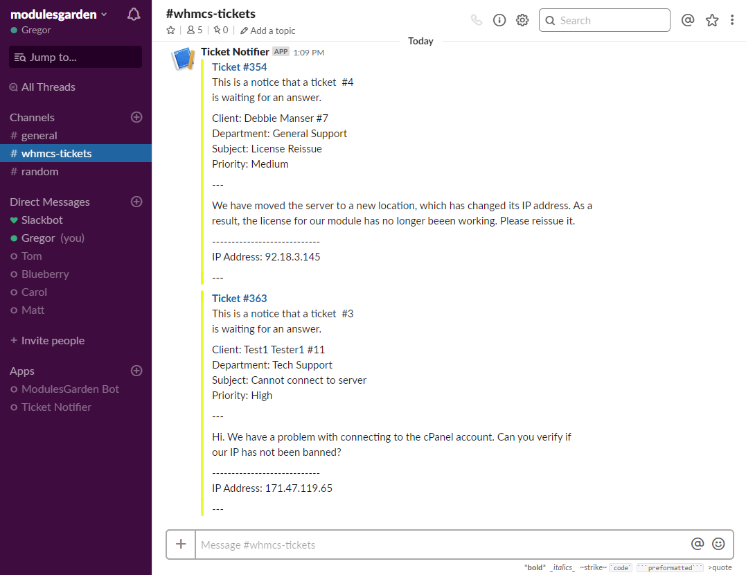 Support Tickets Allocator For WHMCS: Slack channel with Ticket Notifier messages warning about tickets waiting for an