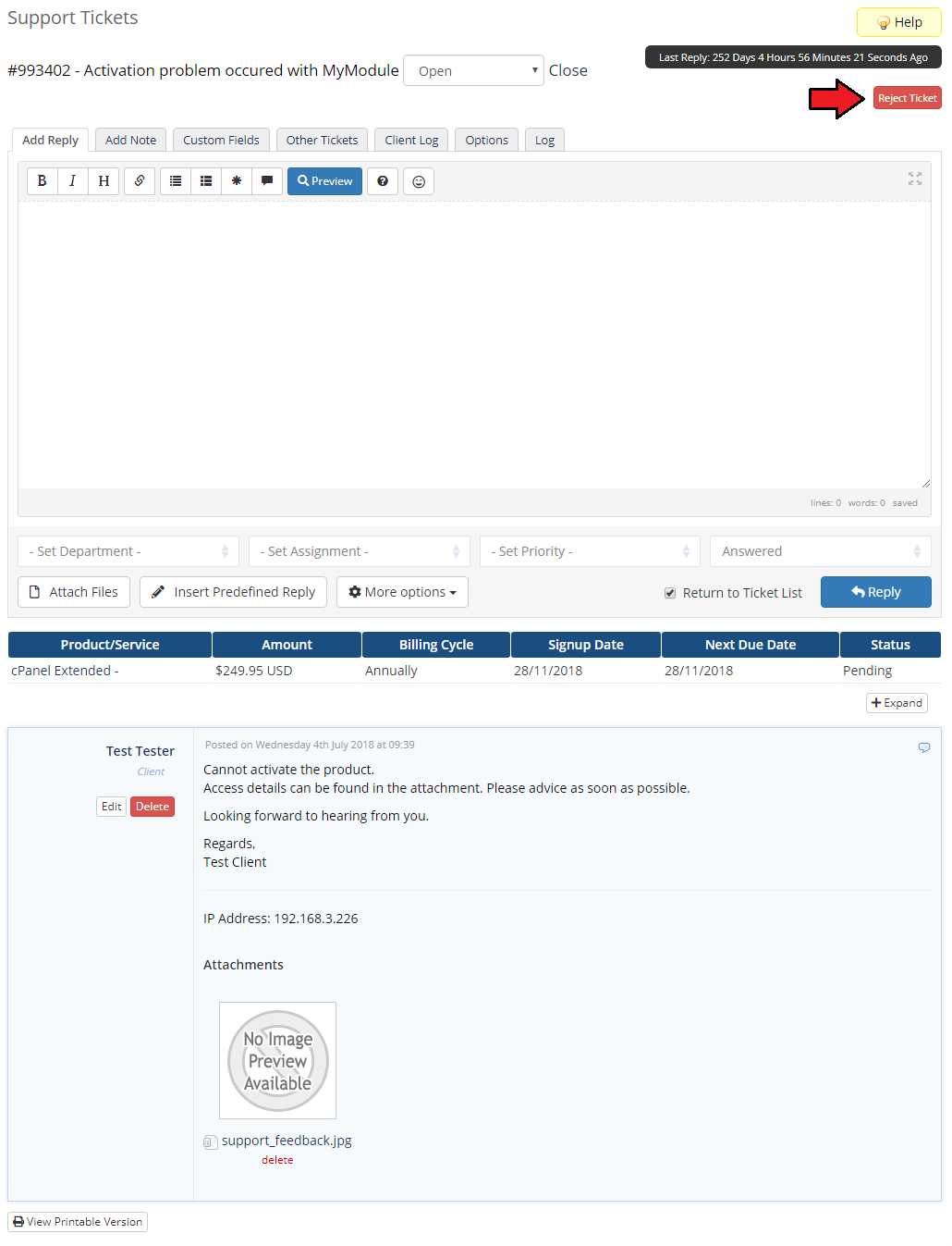 Support Tickets Allocator For WHMCS: WHMCS ticket view with the Reject Ticket button highlighted next to the last reply
