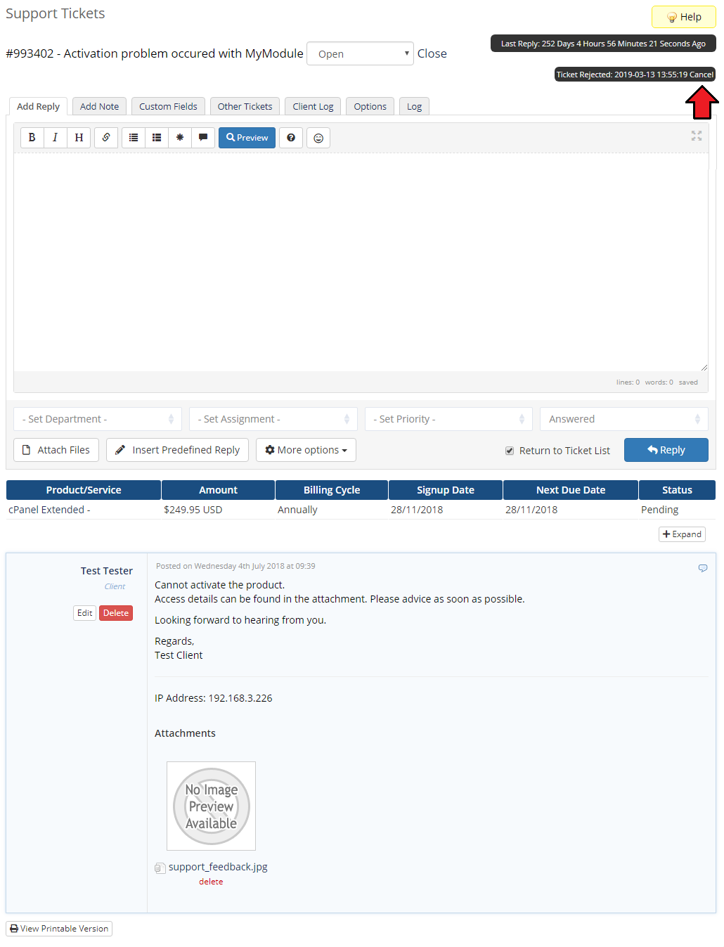 Support Tickets Allocator For WHMCS: WHMCS ticket view showing the Ticket Rejected label with a Cancel link highlighted