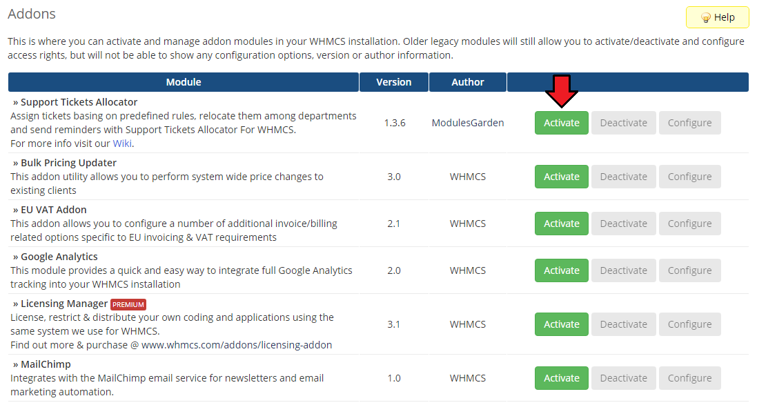 Support Tickets Allocator For WHMCS: WHMCS Addon Modules list with the Activate button next to Support Tickets Allocator