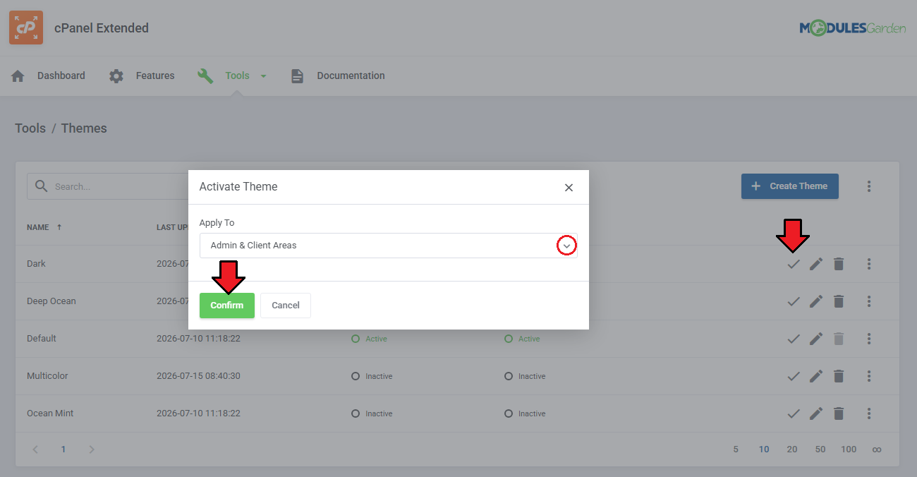 Theme Management Tool: Activate Theme dialog with the Apply To list set to Admin & Client Areas