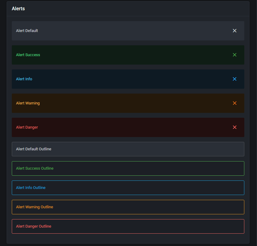 Theme Management Tool: Alerts preview in the dark theme with filled and outline variants for each alert type
