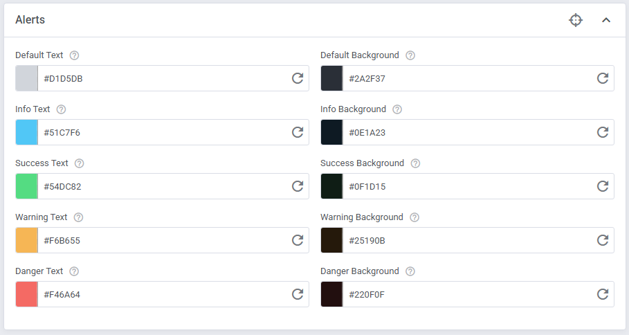 Theme Management Tool: Alerts color settings with text and background hex values for each alert type