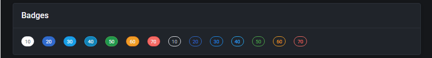 Theme Management Tool: Badges preview in the dark theme showing filled and outlined round badges in all colors