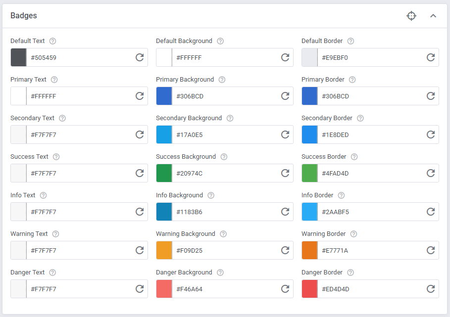 Theme Management Tool: Badges color settings with text, background and border hex values for each badge type