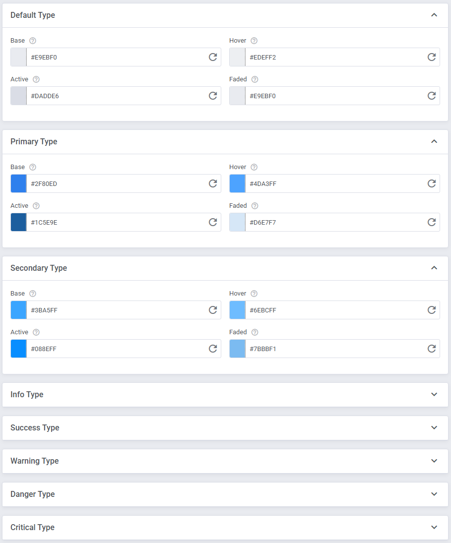 Theme Management Tool: Default, Primary and Secondary Type sections with Base, Hover, Active and Faded colors