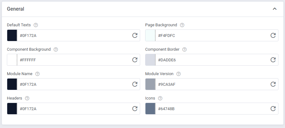Theme Management Tool: General section in Basic mode with default text, page background and icon color fields