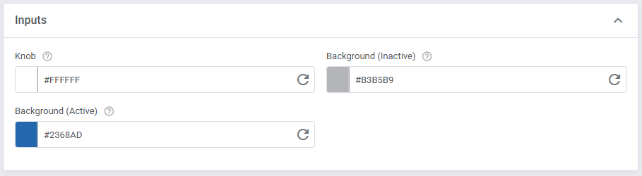 Theme Management Tool: Inputs section in Basic mode with Knob and switcher background color fields