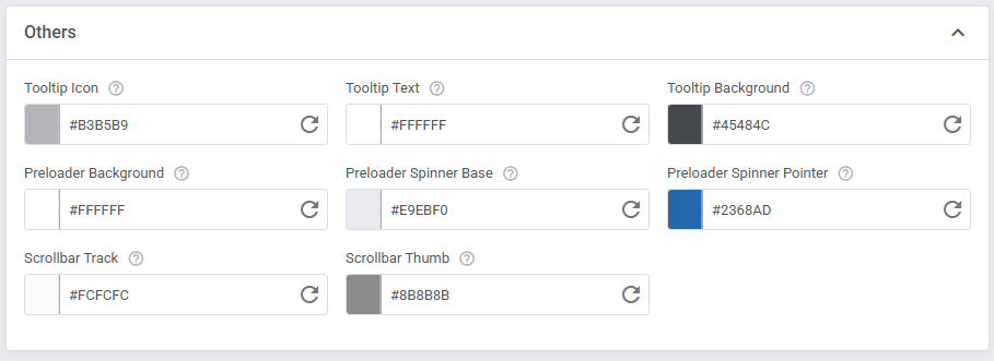Theme Management Tool: Others section with tooltip, preloader and scrollbar color fields