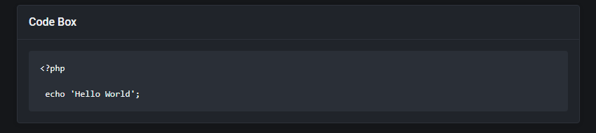 Theme Management Tool: Code Box preview in the dark theme showing a PHP Hello World snippet