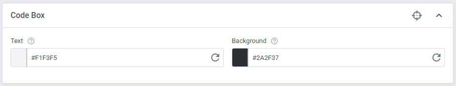 Theme Management Tool: Code Box color settings with text and background hex values
