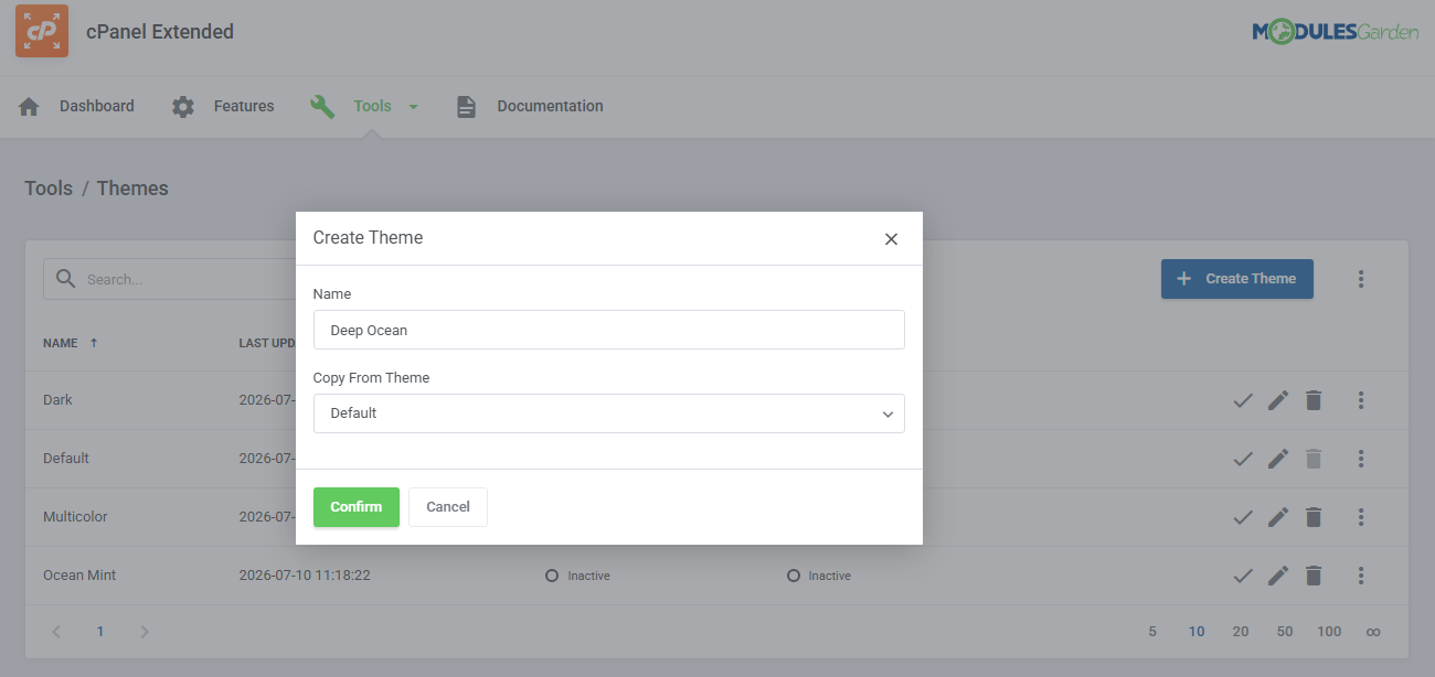 Theme Management Tool: Create Theme dialog with the name Deep Ocean and Copy From Theme set to Default