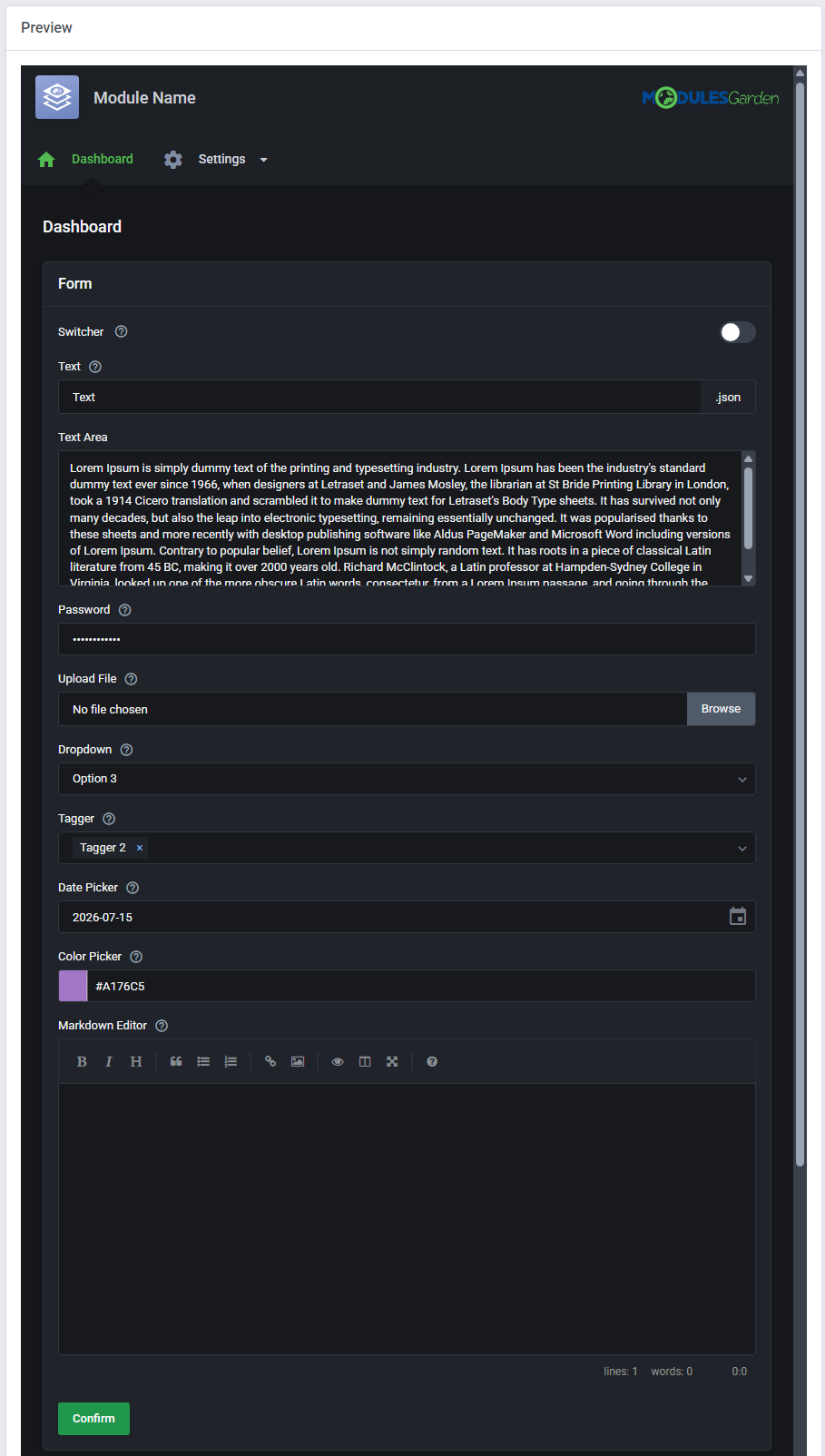Theme Management Tool: dark theme preview of the module dashboard form with dropdown, tagger, date and color pickers