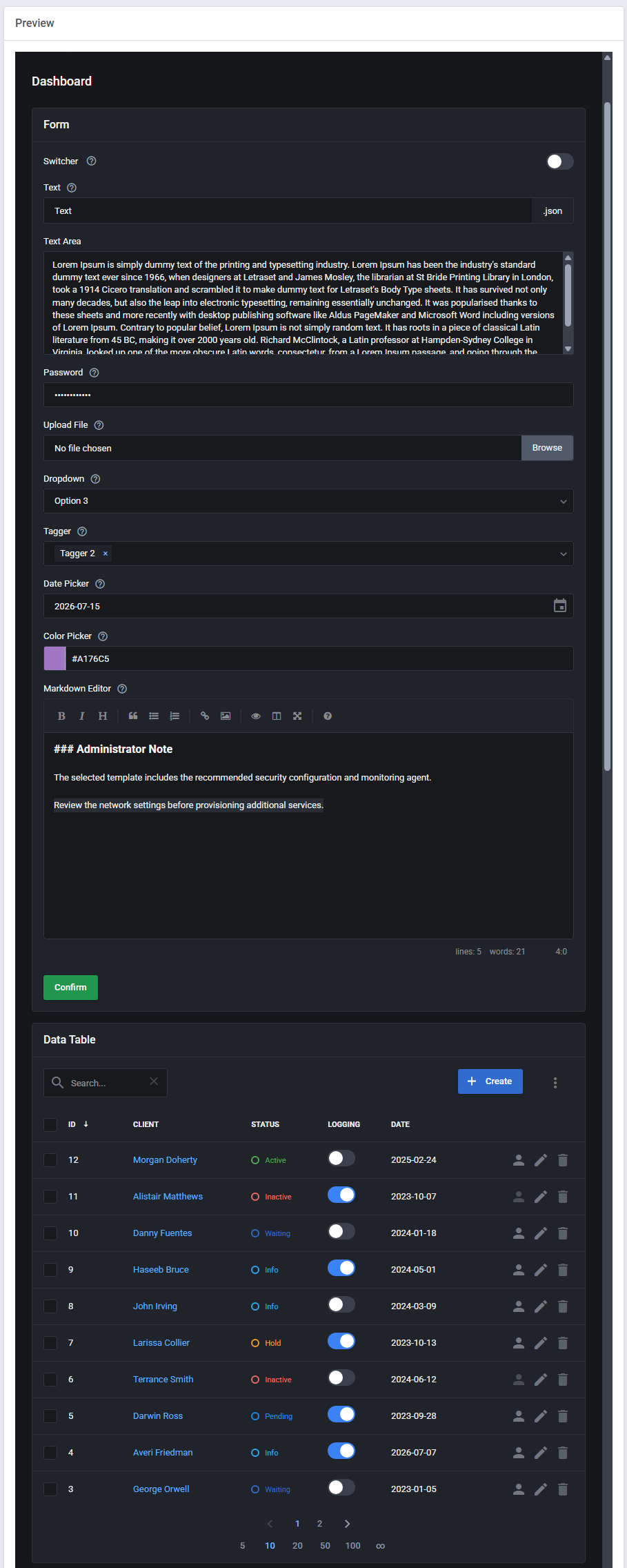 Theme Management Tool: dark theme preview of the form, markdown editor and data table with status labels