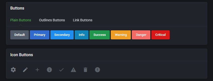 Theme Management Tool: dark theme preview of plain buttons and icon buttons