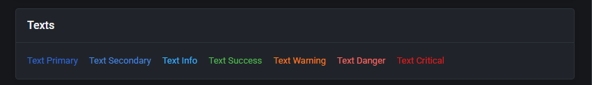 Theme Management Tool: dark theme preview of the Texts panel with the text color variants