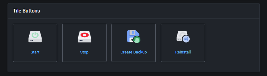 Theme Management Tool: dark theme preview of the Tile Buttons panel with Start, Stop, Create Backup and Reinstall tiles