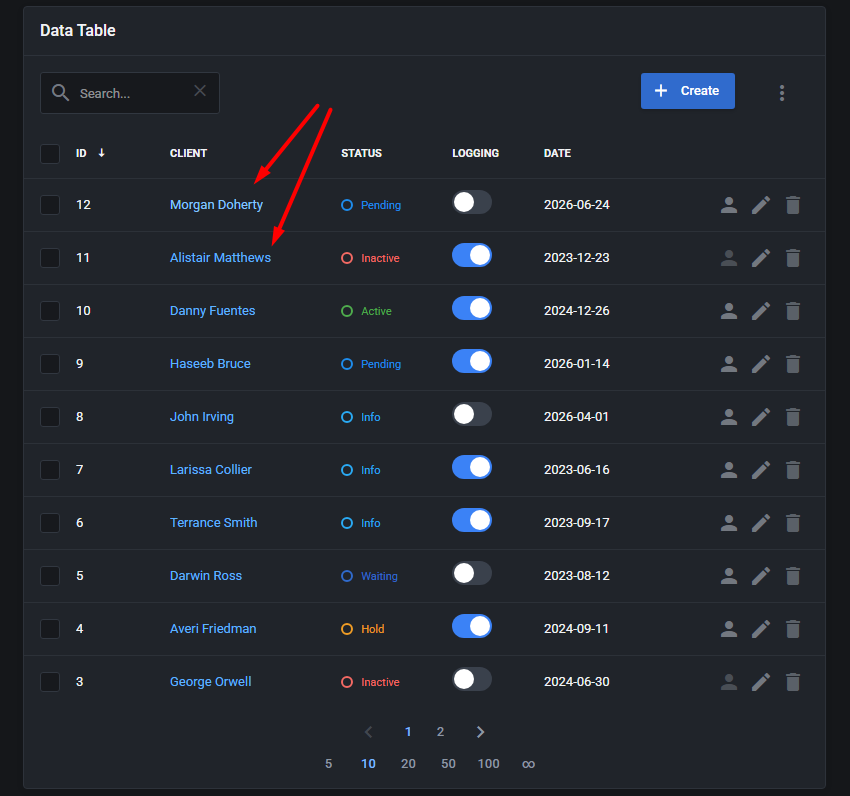 Theme Management Tool: Data Table preview in the dark theme with arrows pointing at link-styled client names