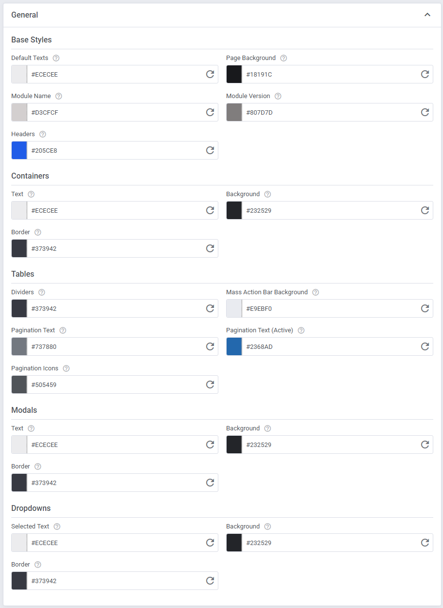 Theme Management Tool: General section in Expert mode with base styles, containers, tables, modals and dropdowns