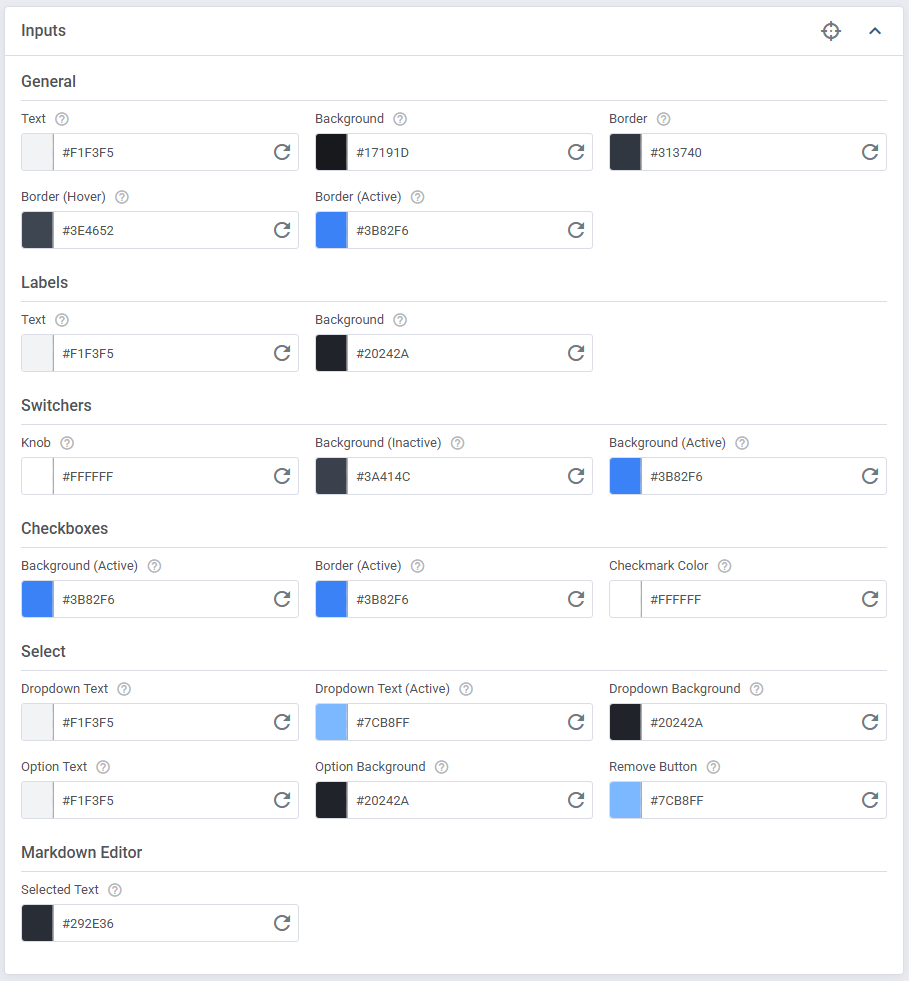 Theme Management Tool: Inputs section in Expert mode with switchers, checkboxes, select and markdown editor colors
