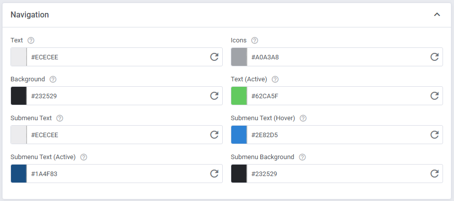 Theme Management Tool: Navigation section in Expert mode with menu, submenu text and background color fields