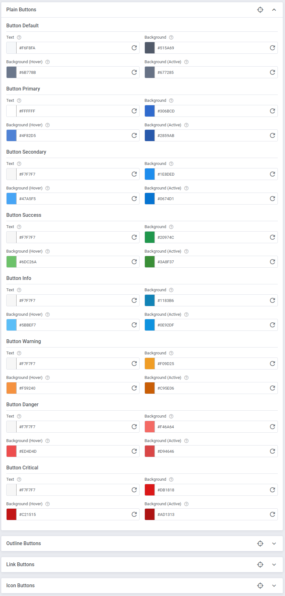 Theme Management Tool: Plain Buttons section in Expert mode with text and background colors for each button type