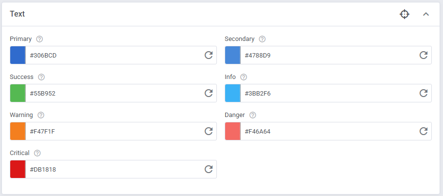 Theme Management Tool: Text section in Expert mode with Primary, Success, Info, Warning, Danger and Critical colors