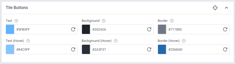 Theme Management Tool: Tile Buttons section in Expert mode with text, background and border colors, normal and hover