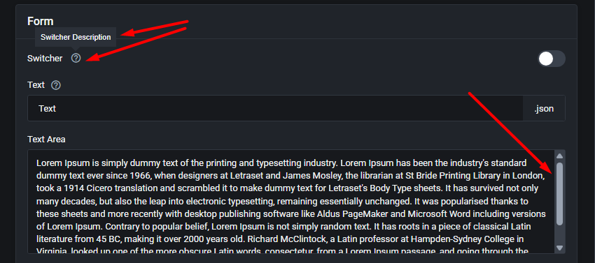 Theme Management Tool: Form preview in the dark theme with a switcher tooltip, text field and text area with scrollbar