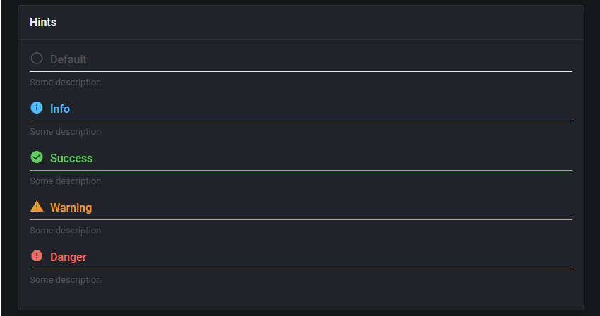 Theme Management Tool: Hints preview in the dark theme with icons, colored titles, underlines and sample descriptions