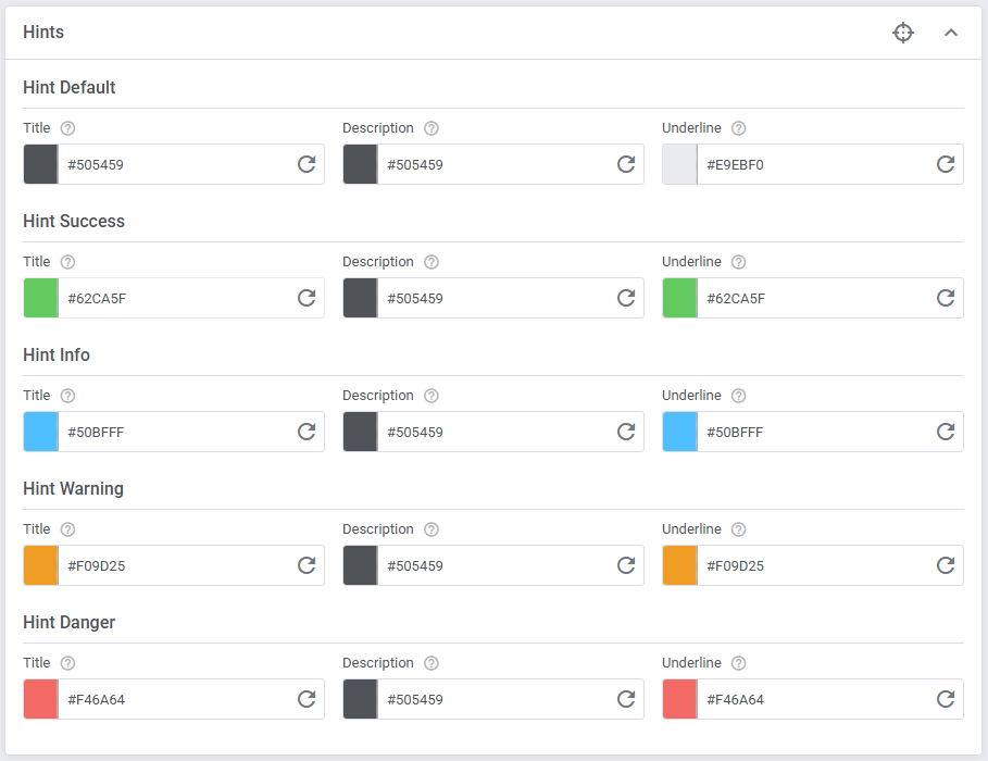 Theme Management Tool: Hints color settings with title, description and underline hex values for each hint type