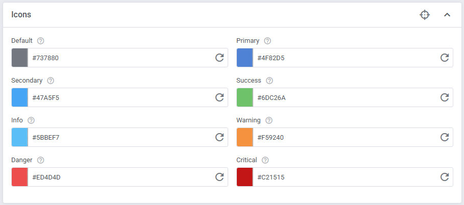 Theme Management Tool: Icons color settings in expert mode with hex values for Default to Critical