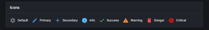Theme Management Tool: Icons preview in the dark theme: Default, Primary, Secondary, Info, Success, Warning, Danger