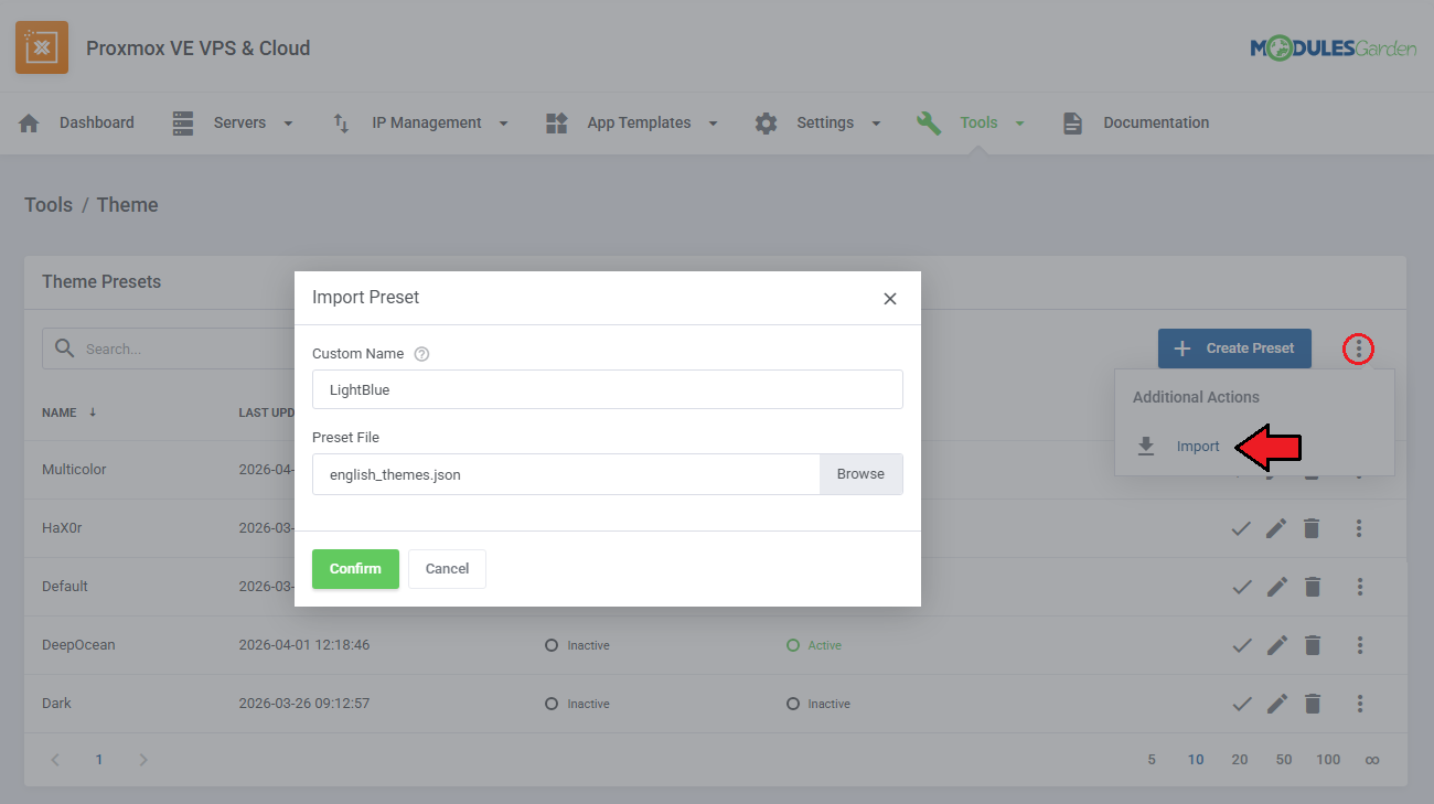 Theme Management Tool: Import Preset dialog in the Proxmox VE VPS & Cloud module with a preset file selected