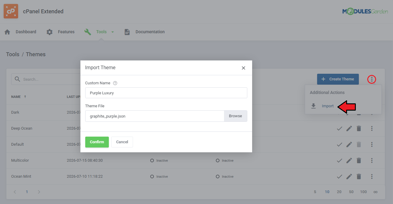 Theme Management Tool: Import Theme dialog with a custom name and a JSON theme file, opened from Additional Actions
