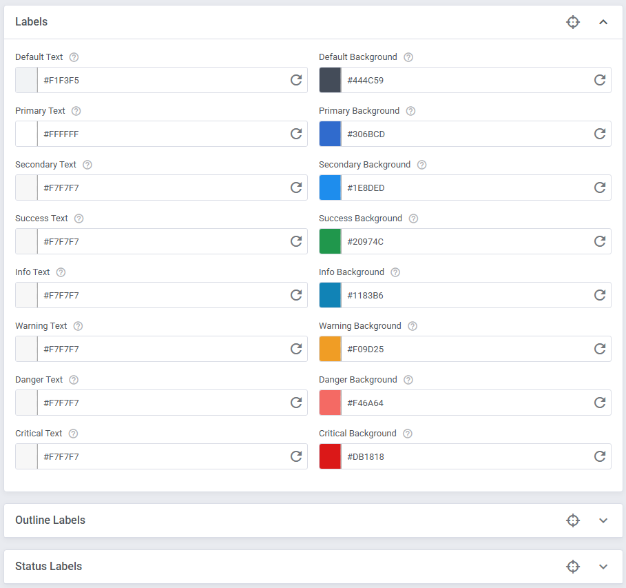 Theme Management Tool: Labels color settings in expert mode with text and background hex values for each label type