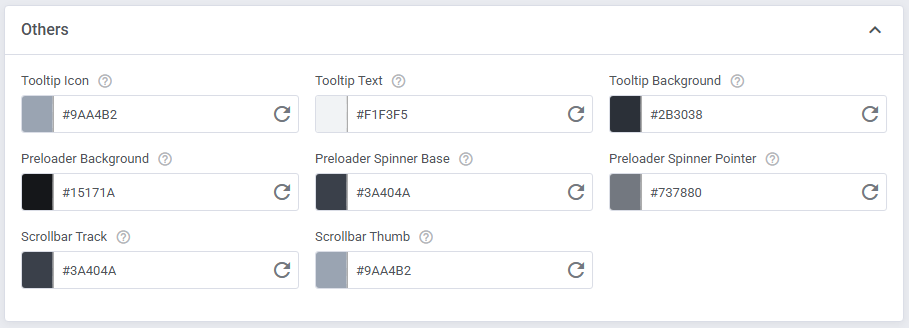 Theme Management Tool: Others color settings for tooltip, preloader and scrollbar track and thumb hex values