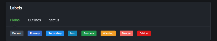 Theme Management Tool: Plain labels preview in the dark theme from Default to Critical, with Plains, Outlines and