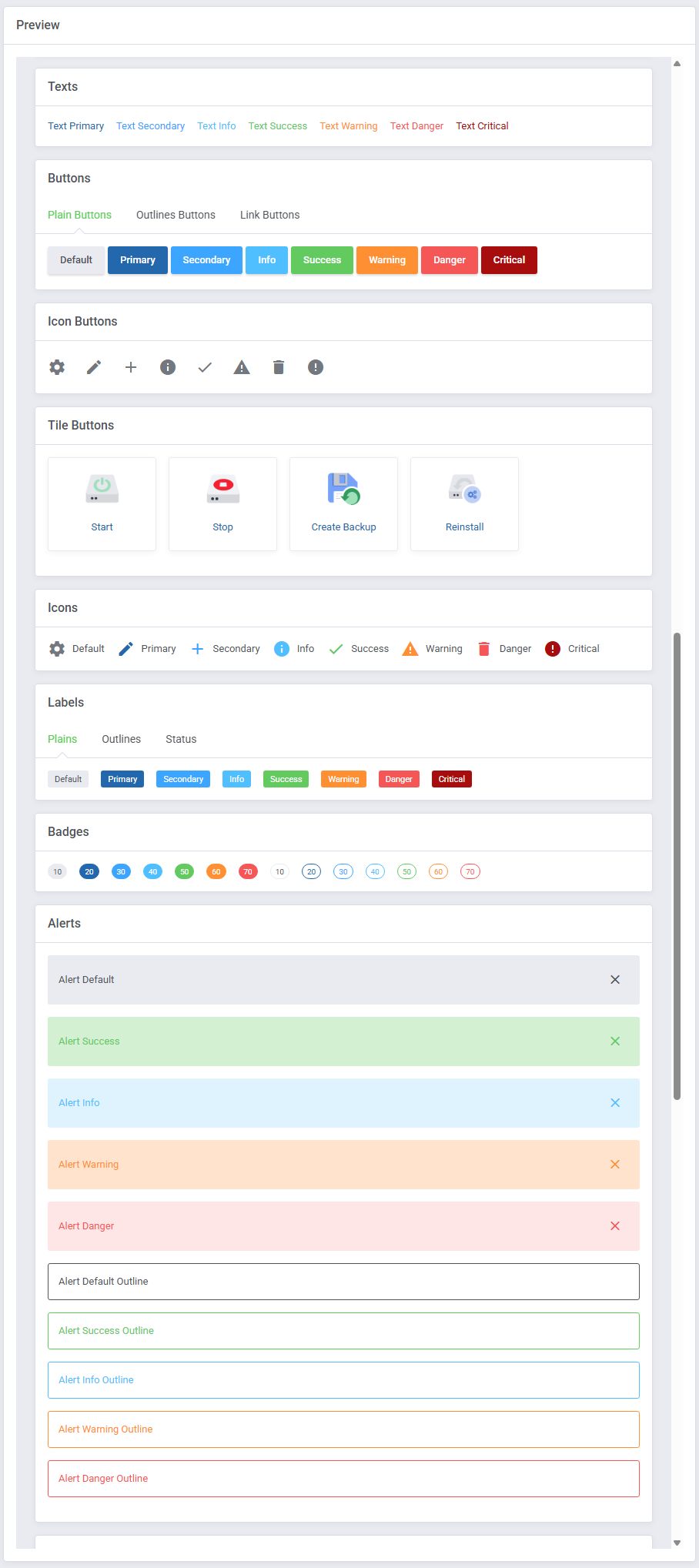 Theme Management Tool: preview of texts, buttons, tile buttons, icons, labels, badges and alerts in theme colors