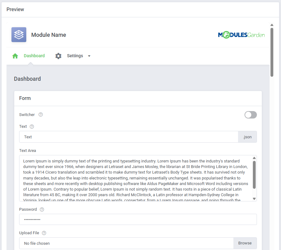 Theme Management Tool: preview of the module dashboard form with switcher, text, text area and password fields