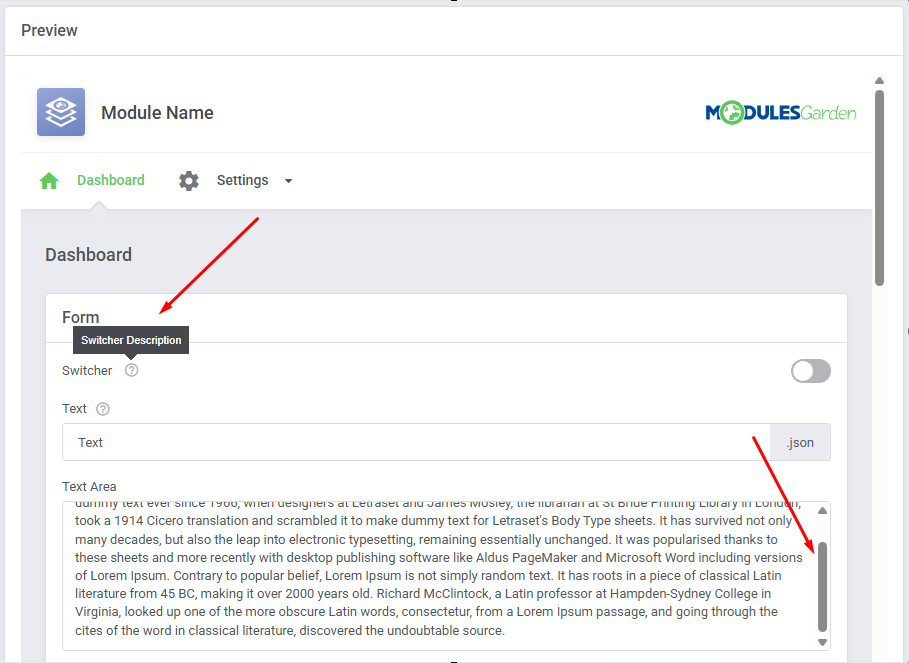 Theme Management Tool: preview with an arrow to the Switcher Description tooltip and the text area scrollbar