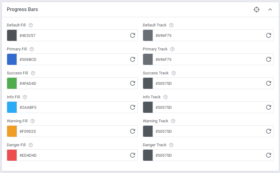 Theme Management Tool: Progress Bars color settings with fill and track hex values for Default to Danger