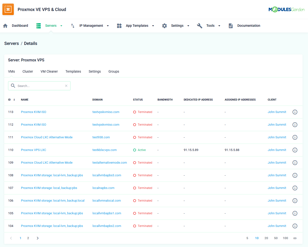 Theme Management Tool: Proxmox VE VPS & Cloud admin Servers details page with the custom theme on the VMs list