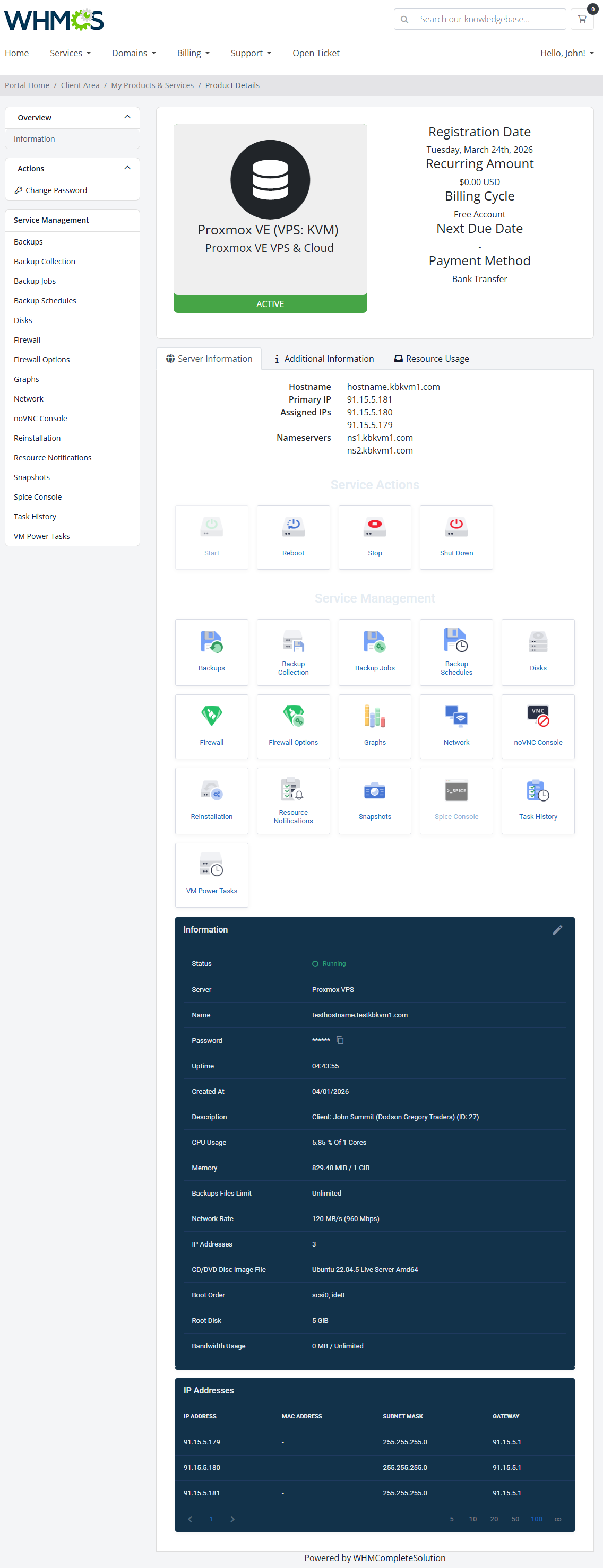Theme Management Tool: Proxmox VE VPS & Cloud client area product details with service actions in the custom theme
