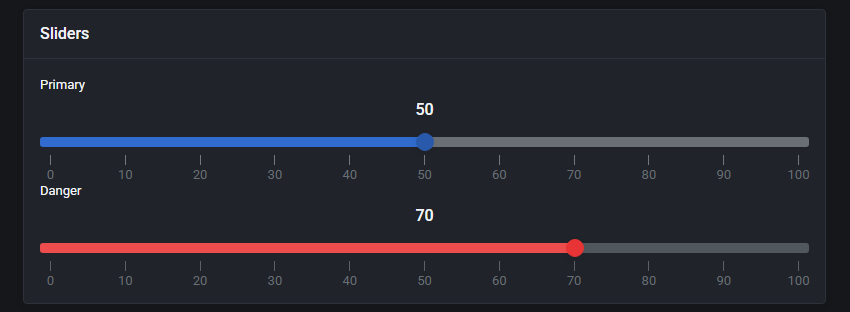 Theme Management Tool: Sliders preview in the dark theme with Primary slider at 50 and Danger slider at 70